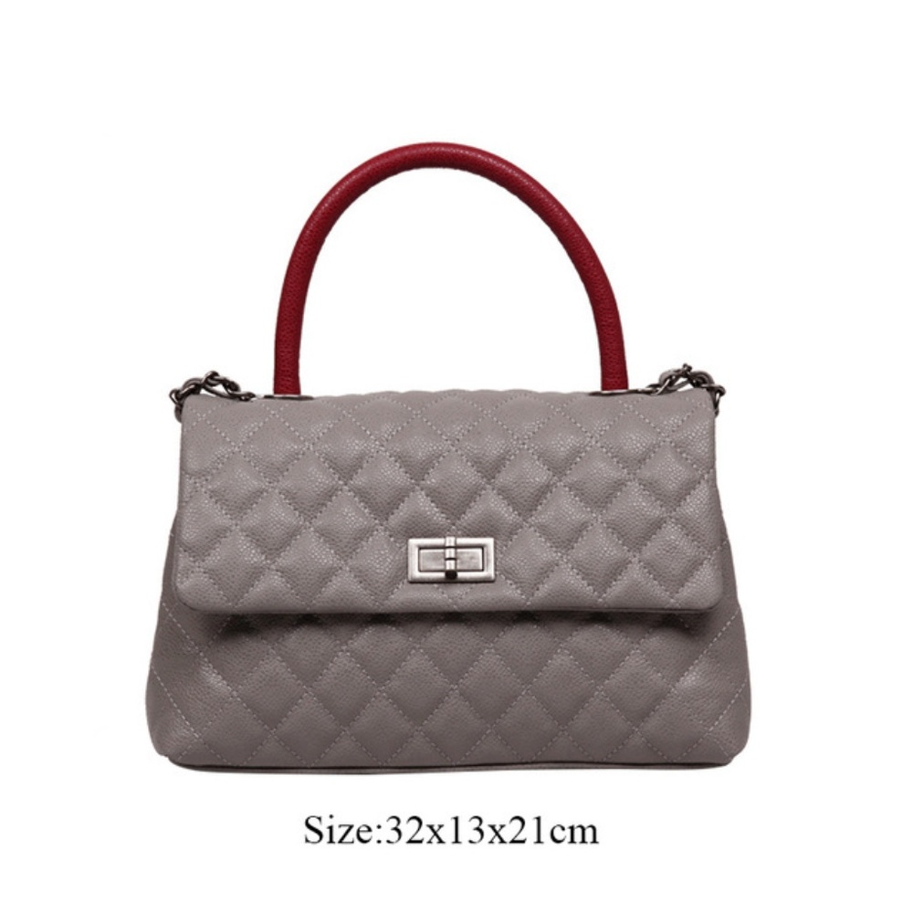 TAUPE BAGS WITH LONG CHAIN AND RED TOP HANDLE ....